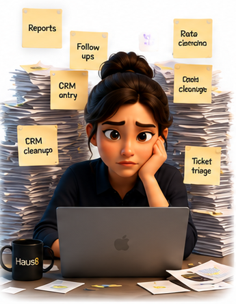 An overwhelmed operator surrounded by sticky notes and stacks of paper