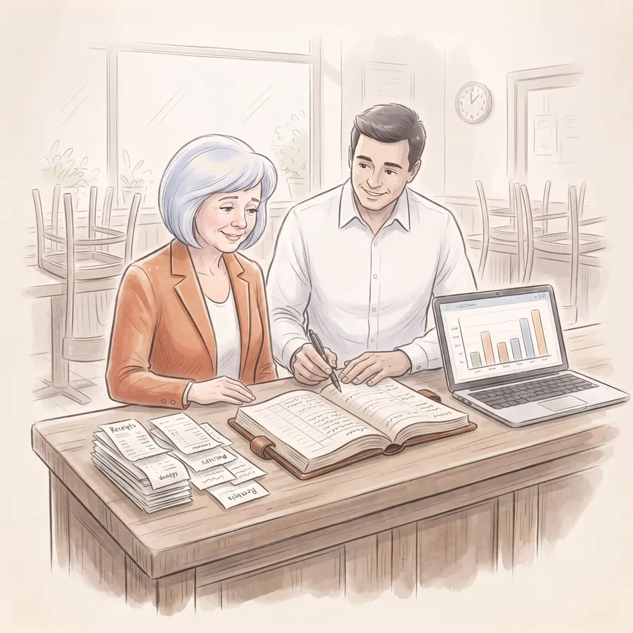 Pencil-and-watercolour scene: At her café counter after closing, she and the consultant go through receipts and an open ledger beside a laptop showing a simple bar chart.